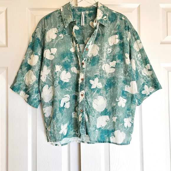 By‎ Anthropologie Short-Sleeve Printed Linen Buttondown Shirt Tunic Top XS/XXS - Picture 10 of 16